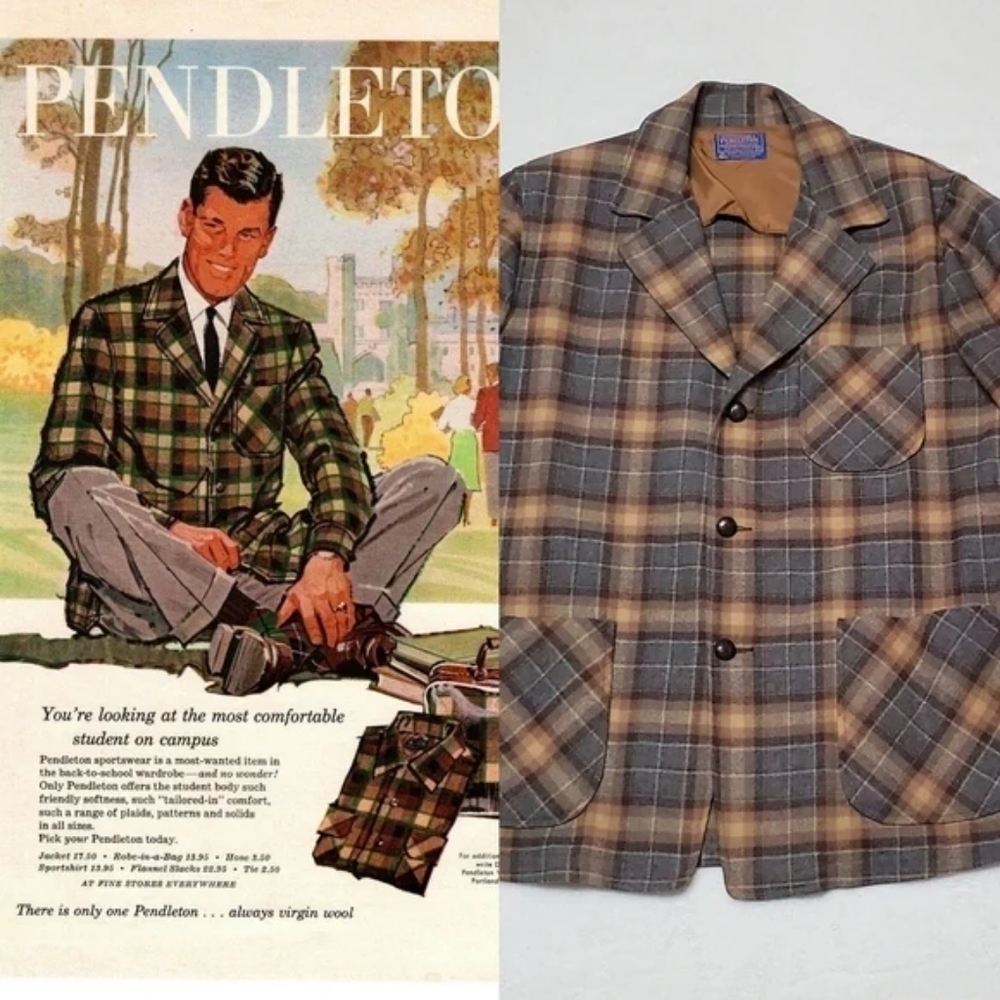 1960s Vintage Pendleton Tan Grey Virgin Wool Lightweight Shirt Jacket Shacket